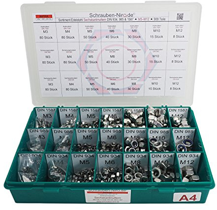 Sortiment Muttern Edelstahl V4A 909 tlg. 21 Fächer DIN 934 Sechskantmuttern DIN 1587 Sechskant-Hutmuttern DIN 985 Sicherungsmuttern Material VA V4A A4