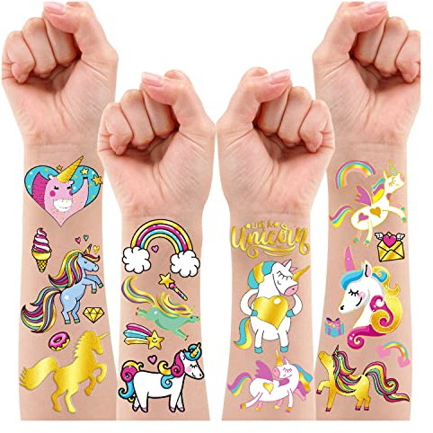 Leesgel Tatuaggi Glitter Unicorno per Bambini, 90 pezzi Decorazioni per Feste di Compleanno di Unicorno, Adesivi per Tatuaggi per Bambini e Ragazze, Giochi per Bambina
