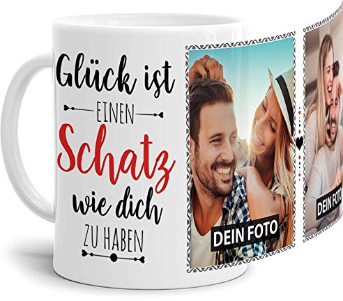 Tassendruck Fototasse mit Spruch für den Schatz - Glück ist, jemanden wie Dich zu haben - zum Selbst gestalten mit 2 Fotos, Weiß, 300 ml