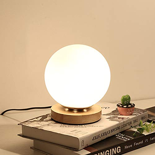 Minimaliste Nordique Créative Lampes de Table, Lampe de Chevet En Bois Boule En Verre Blanc, Lampe de lecture de protection des yeux, avec Interrupteur, Veilleuse d'éclairage décoratif (Rond)