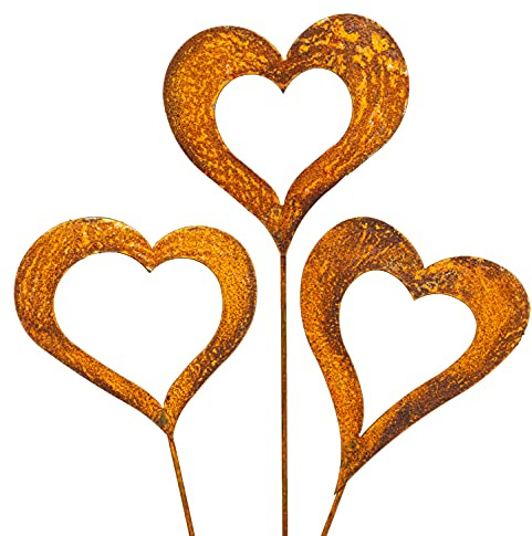 Blümelhuber Set di 3 spine da giardino a forma di cuore, in metallo arrugginito, decorazione per esterni e piante