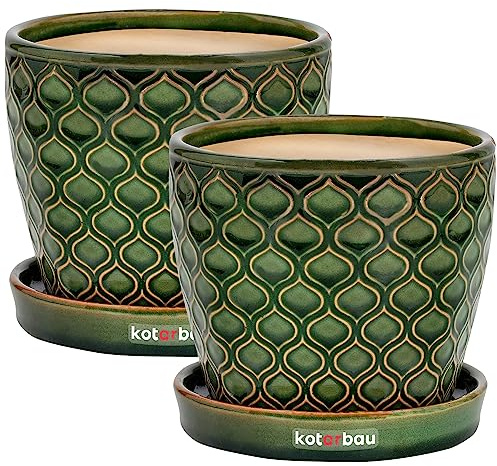 Kotarbau® keramisk blomkruka i set om 2, ytterkruka för växter, 15 cm diameter, grön, vintage, med droppskål, fiskfjällsmönster