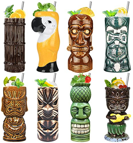 SuproBarware Tiki Lot de 8 verres à cocktail multicolores en céramique pour décoration de fête exotique en céramique Hawaïen pour cocktails