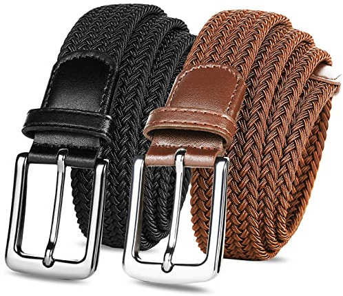 FINGER TEN Golf Ceinture Unisex Elastic Tressé Ceinture pour hommes et femmes 2 Pack, Vintage Tissu Élastique Tissé Tressé Extensible pour Jeans Boucle AlliageCeinture pour Golf Sports
