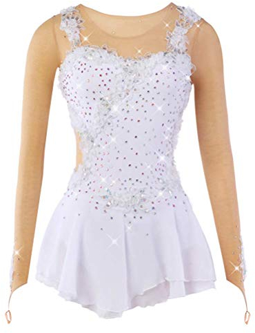 JRUIA Eiskunstlauf Performance Kleider Für Damen Eislauf Wettkampf Kostüm Für Mädchen Handgemachte Blumen Langarm Kleidung Für Rhythmische Gymnastik,Weiß,XXXL