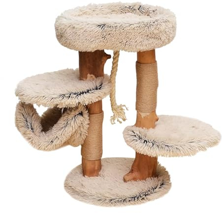 Fudajo Arbre à Chat - 87,5 cm de Haut - Design ludique - Meuble grattage félin - Couleur crème-Marron - Bois de Poirier - avec Peluche, sisal, Niche, Plate-Forme et hamac