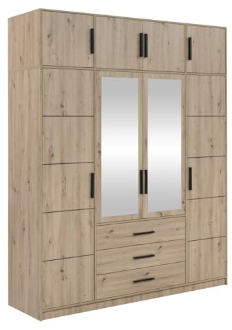 Mirjan24 Drehtürenschrank Kerkon 4D, Kleiderschrank mit 3 Schubladen, Kleiderstangen und Spiegel, Elegantes Schlafzimmer Schrank, Jugendzimmer (Artisan Eiche, mit Schrankaufsatz)