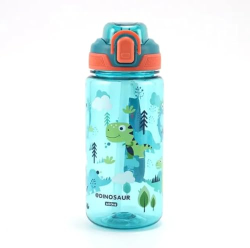Generisch Grün Kinder Trinkflasche mit Dinosaur karton muster- Aslaufsicher wasserflasche, mit strohhalm- BPA frei- Trinkflasche Ideal für kindergarten, schule, reisen- 600Ml (Green)