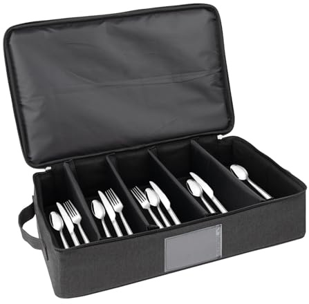 Kingshion Flatware Storage Case-5 Compartment Silverware Storage Container Box with Removable Lid and Easy to Carry Handles,Cutlery Storage Holder with Zipper Lid for Organizing Cutlery