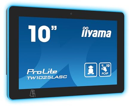 iiyama Prolite TW1025LASC-B1PNR 25,5cm 10,1 IPS LED-Monitor WXGA 10Punkt Multitouch kapazitiv Audio-Out USB3.2/2.0/Mini LAN PoE Android WiFi Bluetooth NFC/RFID Webcam AntiGlare Anti-Fingerprint 24/7