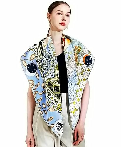 LADORENA Seidentuch Damen Natürliche Maulbeerseide 100% SEIDE Q-Qualität Seidenschal Halstuch groß Blau Beige LD1031210351
