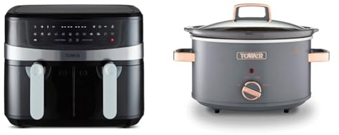 Tower T17088 Vortx 9L Dual Basket Air Fryer with Smart Finish, 2600W, Black & T16042GRY Cavaletto 3,5 Litre Slow Cooker with 3 Heat Settings, Cool Touch Handles, 210W, Grey and Rose Gold