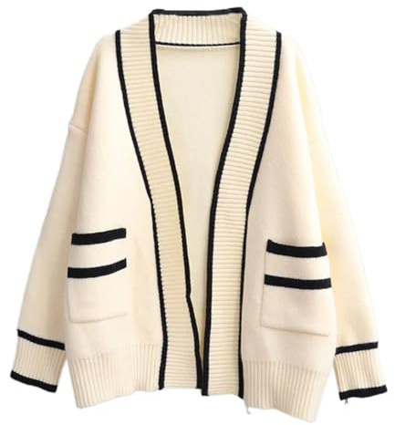 Varsity Cardigan Long Sleeve V-Neck Open-Front Sweaters Knit Jacket For Women Preppy Style Cream One Size