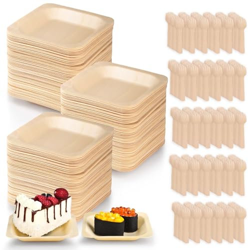 CONLI Set di 300 piatti usa e getta quadrati in legno con forchette in bambù, utensili in bambù, piatti usa e getta con forchette per antipasti, per catering, matrimoni e feste