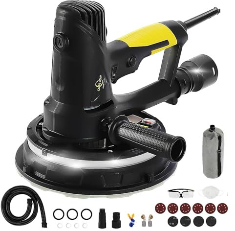 Drywall Sander,Handheld Electric Drywall Sander with Vacuum with 4M Power Cord, LED Light, Variable Speed and 10PCS Sanding Discs, 700W Electric Sander for Drywall, Ceiling, Painting Prep