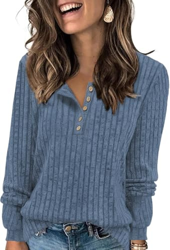 Tanmolo Damen Leichte Strickpullover Langarm Henley Shirt Herbst lässig Rundhals-Knöpfe Elegant Sweatshirt Tunika Tops Denim-blau, XL