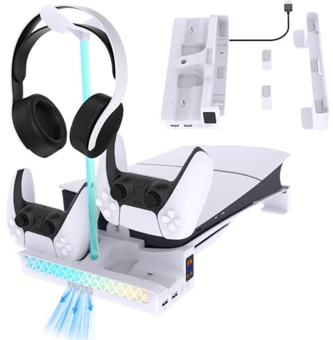 AriKroii PS5 Pro/PS5 Slim Horizontal Stand,Cooling Bracket with RGB Lights and Auto Cooling Station,Dual Controller Charger & Removeable Headset Holdler for Playstation5 Slim