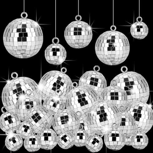 Jupwalz 40 Pcs Disco Balls with Rope, 5 Sizes Mini Disco Ball Decor Ornaments, Small MirrorBall Different Sizes Silver Decorations for Halloween DIY Christmas Tree Topper Music Prom Party Wedding