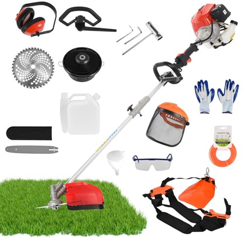 joukares Coupe-bordures et débroussailleuse à essence 52 cc, outil de jardin 2 en 1, max 9 500 tr/min, largeur de coupe de 380 mm, très résistant, accessoires de protection entièrement fonctionnels,