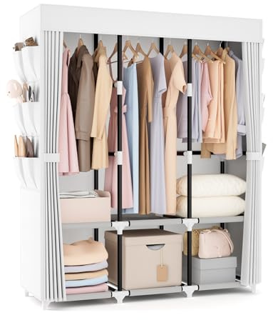 VTRIN Portable Closet Wardrobe for Hanging Clothes Closet with Cover, 3 Hanging rods, 6 Storage Shelves and Side Pocket, Diameter 19mm Metal Pipe, Sturdy Free Standing Closet for Bedroom, White