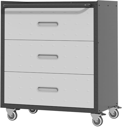 BIZOEIRON Metallförvaringsskåp med hjul, garageförvaringsskåp med 3 lådor, rullbart verktygsskåp, montering krävs, svart och grå