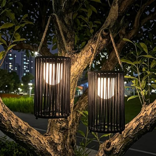 TRIROCKS Solarlaternen für den Garten, 2er-Pack große schwarze Rattan-Solarleuchten, wasserdichte Solar-Gartenlaternen für Terrasse, Weg und Hofdekoration (schwarz)