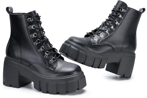FITORY Women’s Combat Boots Lightweight Lace up Side Zipper Ankle Botas High Heel Chunky Platform Lug Sole Booties 2026 Black Size 7