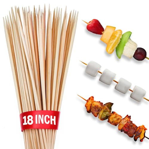 100pcs 18 long Bamboo Skewers Sticks for BBQ Kabob Grilling Barbecue Marshmallow Roasting Stick 4mm Thick Wooden Skewer Smore Sticks Craft (18 inch)