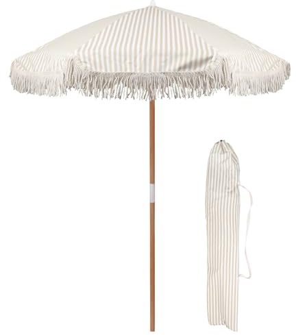 Harbour Housewares 1.4M Wooden Garden Parasol with Tassel Fringe - Beige Stripe - 1x UPF30+ Waterproof Portable Free-Standing Outdoor Patio Sun Umbrella Canopy Table Shade with Carry Bag