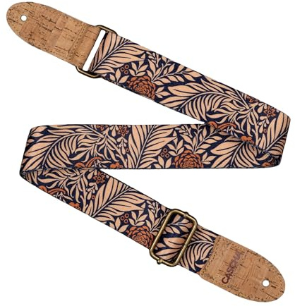 CASCHA Sangle de guitare végétalienne, motif floral avec extrémités en liège, bandoulière réglable pour guitare et ukulélé, bleu marine/beige