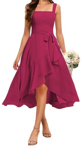 HPPEE Vestidos cortos de dama de honor para mujer, de gasa, asimétrico, formal, vestido de noche para fiesta, fucsia, 38