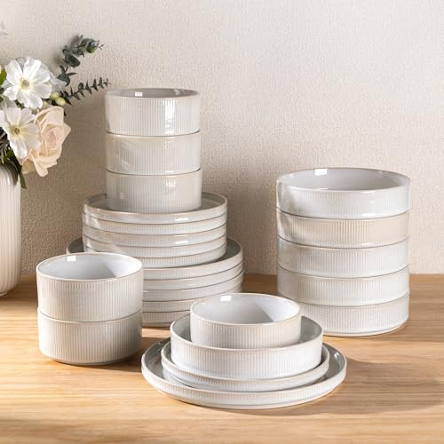 GBhome Stoneware Dinner Sets with Pasta Bowls for 6 People, 24 Pieces Reactive Glaze Handcrafted Plates and Bowls Set, Scratch Resistant Dinnerware Set, Dishwasher & Microwave Safe, Beige
