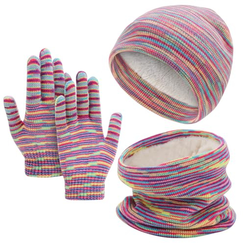 ViEinkaufen Kids Winter Warm Beanie Hat Scarf Gloves Set,3 in 1 Thermal Knitted Hat Scarf Gloves for Girls 6-12 Children Winter Warm Accessories Set for Outdoor Sports