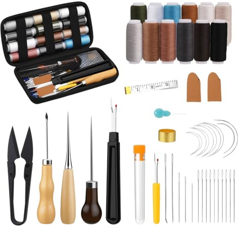 HMCEY 49 Pcs Set Cucito Pelle,Kit Artigianato Pelle,Kit Riparazione Tappezzeria,Attrezzi per Lavorare Il Cuoio,Aghi e Filo per Cucire A Mano,Strumenti Fai da Te Pelles,Strumenti per Lavorazione Pelles
