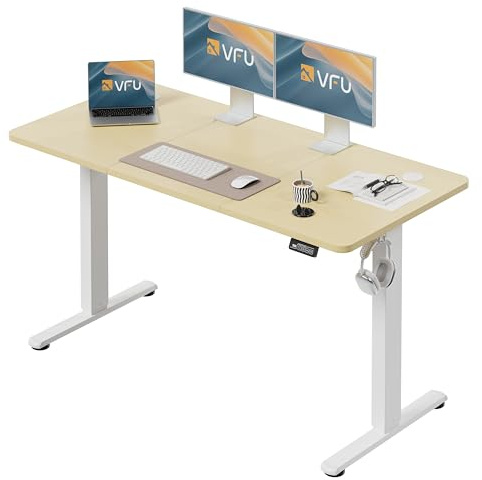 VFU Höhenverstellbarer Schreibtisch mit Speichertasten, 140 x 60 cm | Schreibtisch elektrisch mit Haken, 73–118 cm stufenlos verstellbar, Einfache Montage Stehpult, Computertisch für Homeoffice