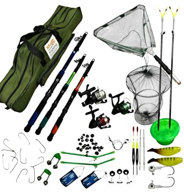 NEU Premium Angelset Komplettset XXL – 3 teleskopische Angelruten mit Rollen, Komplett-Set mit Grüne Angeltasche, Kescher, Rutenhaltern & 50+ Zubehörteilen