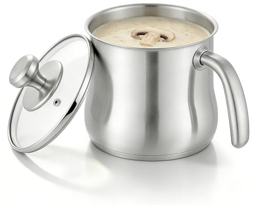 Casserole à lait de 2 litres, diamètre : 16 cm, en acier inoxydable, avec poignée antidérapante en acier inoxydable, double paroi de 14 cm, avec bec verseur et couvercle, bec verseur, pot à lait