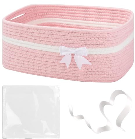 DifenzuSJ förvaringskorg rosa flätad, bomullsrep korg med handtag, leksakskorg barnrum, presentkorg tom för baby presenter, dekorativ korg badrum vardagsrum, 34 x 15 x 25 cm