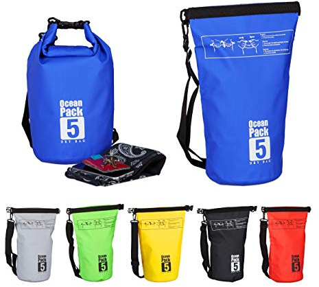 Relaxdays Ocean Pack, 5L, wasserdicht, Packsack, leichter Dry Bag, Kajak, Trockentasche, Segeln, Ski, Snowboarden, blau