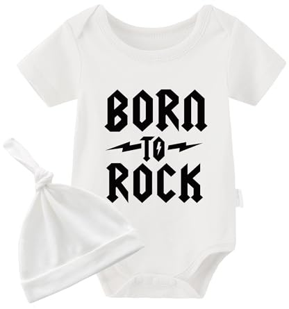Born To Rock baby kortärmad söt bodysuit overall för spädbarn tvillingar, vit till rocks hatt, 9-12 Månader