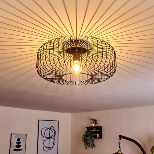 HOFSTEIN Deckenleuchte Wemude, runde Deckenlampe für Küche, Schwarz, 1-flammig, E27-Fassung, Lichteffekt durch Gitter-Optik, Retro-Leuchte, Metall, Lampe Wohnzimmer, Schlafzimmer, Ø 40 cm