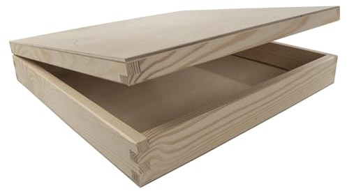 WooDeeDoo Boîte de rangement carrée en bois avec couvercle à charnière – 28 x 28 x 5 cm – Boîte en pin brut pour coffrets cadeaux, serviettes, projets d'artisanat, scrapbooking, souvenirs, décoration