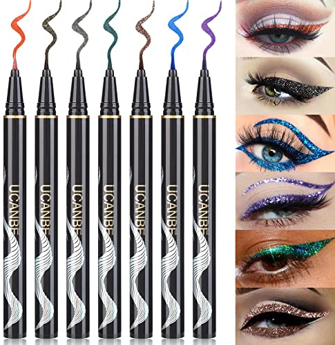 UCANBE Glitter Eyeliner Set 7 Farben Wasserfest, Flüssiger Eyeliner Bunt, Wischfest, Langanhaltend, Hohe Farbwiedergabe und Einfache Anwendung
