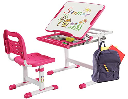 COSTWAY Set Escritorio y Silla para Niños, Set Mesa con Altura Regulable para Niños y Superficie Inclinable, Cajón Extraíble, Gancho de Metal, Set de Escritorio y Silla para Niños y Niñas (Rosa)