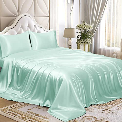 Homiest Set di lenzuola in raso, 4 pezzi, set di biancheria da letto in raso di seta di lusso con tasca profonda, 1 lenzuolo con angoli + 1 lenzuolo di sopra + 2 federe (queen size, verde menta)