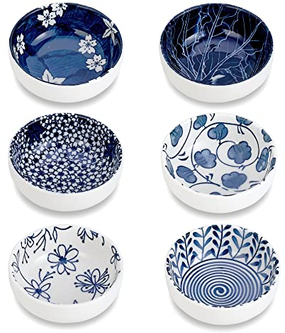 Swuut Japanese Style Ceramic Dipping Bowls,3'' Small Pinch Bowls Set Side Sauce Cups,Dishes for Sushi,Snack and Soy,BBQ,2.5 Oz Blue and White Mini Bowl for Kitchen Prep - Set of 6 (3 inch)