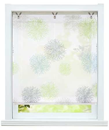 ESLIR Raffrollo ohne Bohren Gardinen Küche Voile Raffgardinen mit Ösen Modern Ösenrollo Vorhänge Weiß Transparent Grün BxH 80x130cm 1 Stück