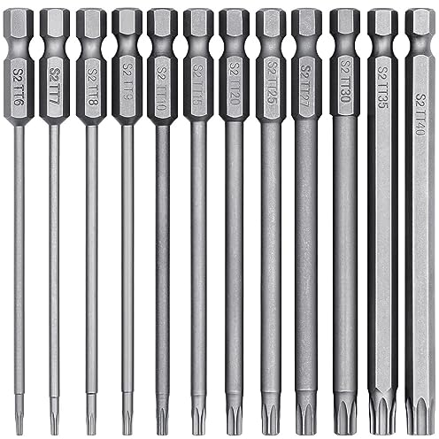 YUHIAKE Set di punte Torx lunghe con foro, T6-T40 100 mm di lunghezza, set di punte per cacciavite, magnetiche, codolo esagonale da 1/4