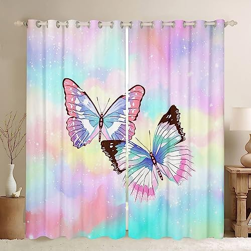 ANEEHA Vorhang Blickdicht Schmetterling Vorhänge Pinkes Mädchen Gardinen Wohnzimmer Schlafzimmer Verdunklungsvorhänge Thermovorhang 3D Druck Schallschutz Vorhang mit Ösen 2er Set B 91.5 x H 214 cm