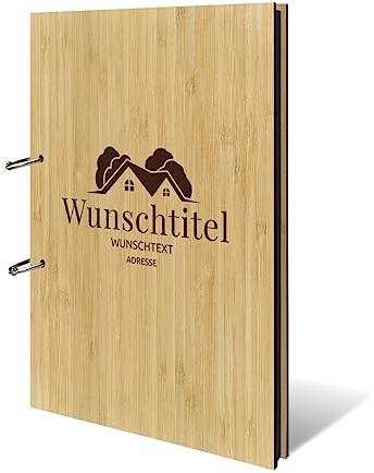 Personalisiertes Ferienwohnung Fotoalbum echtes Holz DIN A4 Besucherbuch mit Lasergravur - Modern - mit 25 Blatt / 50 Seiten Fotokarton Schwarz